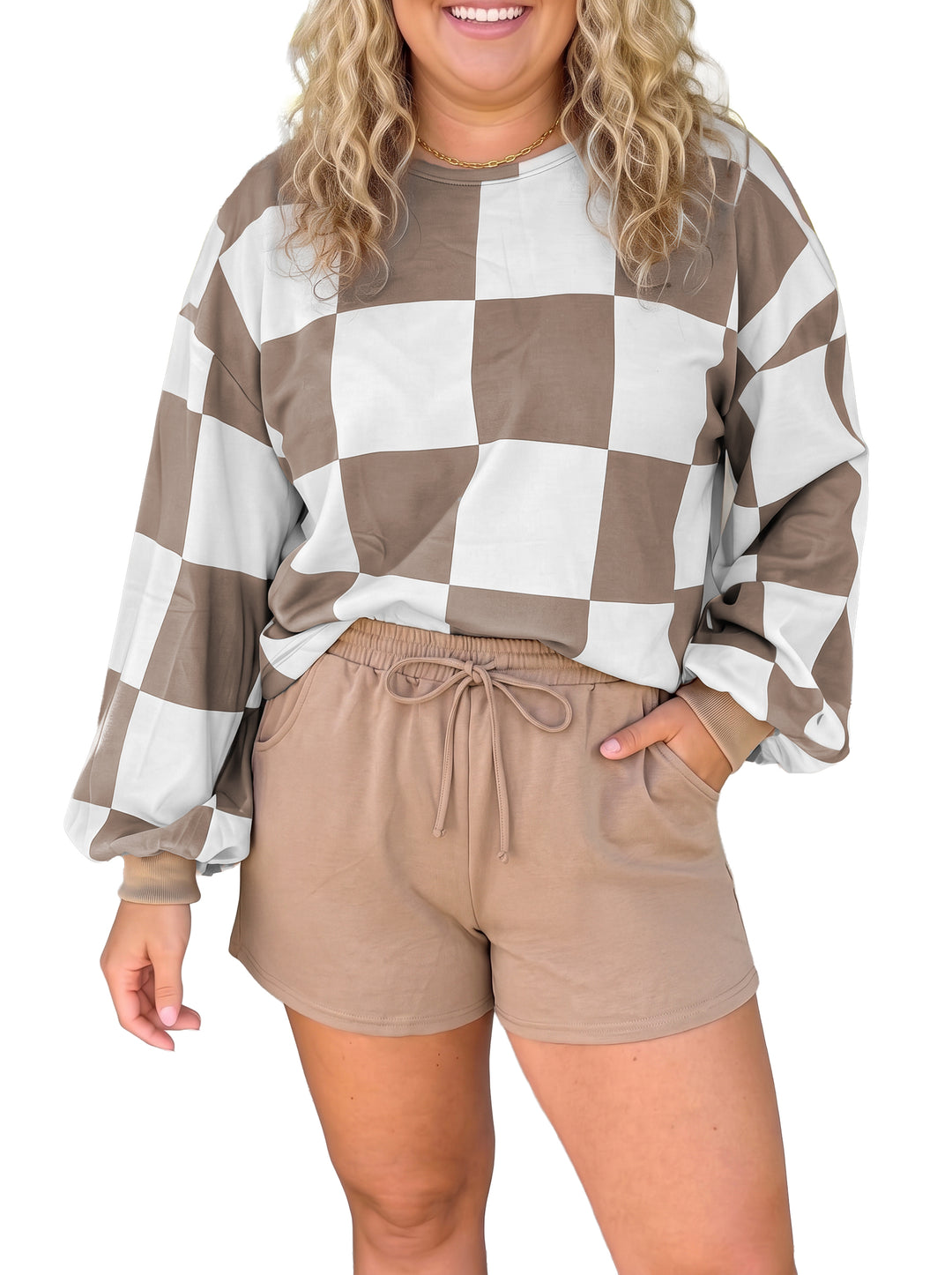 Khaki Checkered Contrast Long Sleeve Top Solid Shorts Plus Size 2pcs Set