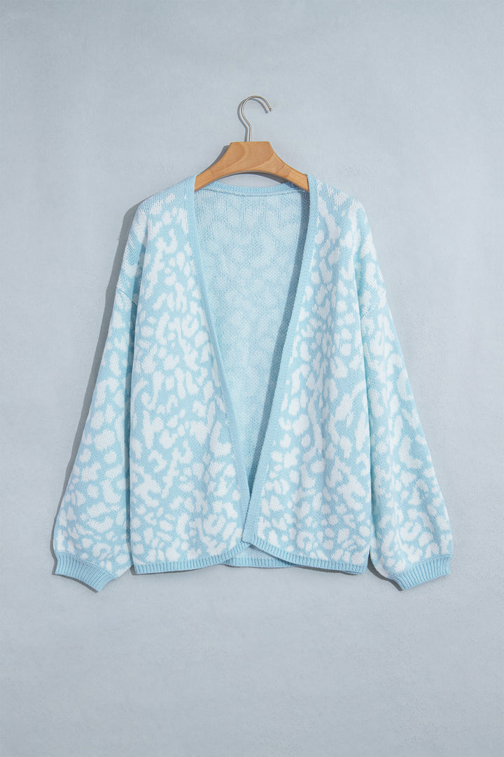 Light Blue Leopard Print V Neck Long Sleeve Loose Fit Knit Cardigan