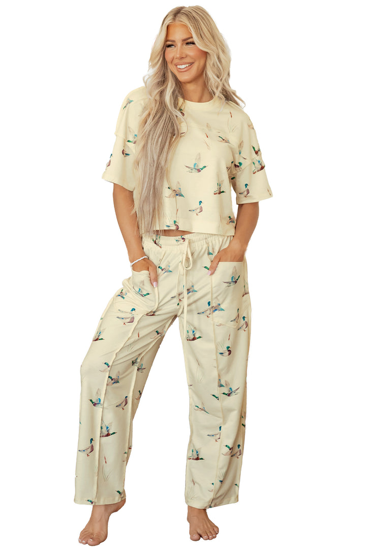 Beige Duck Print Short Sleeve Top Pocket Pants 2pcs Casual Set