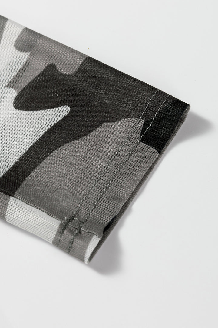 Green Western Fashion Camouflage Print Mesh Long Sleeve Top