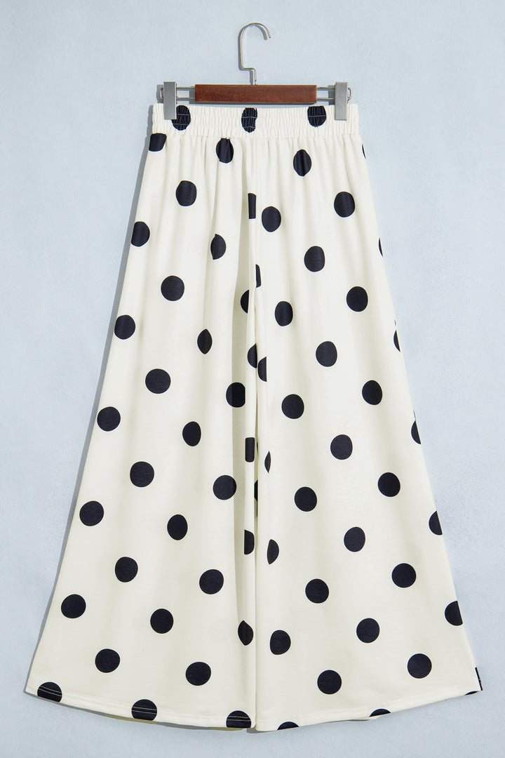 Beige Polka Dot Wide Leg Elastic Waist Casual Pants