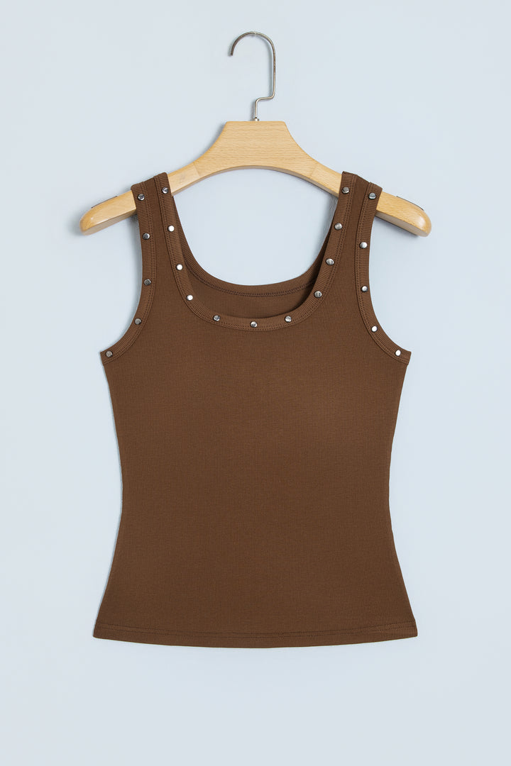 Dark Brown Studded Scoop Neck Ribbed Tank Top