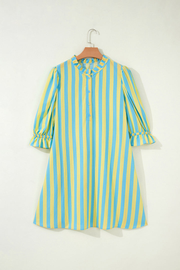 Red Stripe Half Button Puff Sleeve Loose Mini Dress