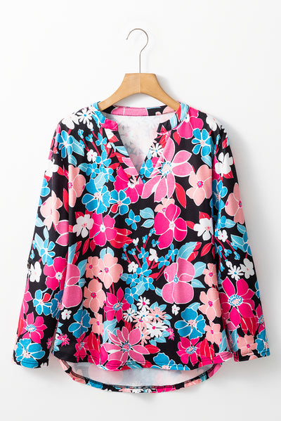 Pink Floral V Neck Roll Tab Sleeve Blouse