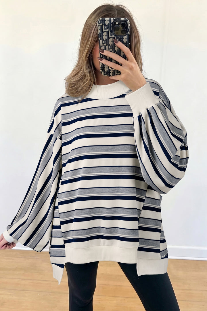 Blue Stripe Striped Ribbed Stand Neck Long Sleeve Shift Silhouette Sweatshirt