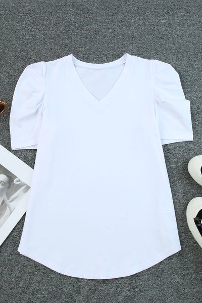 White Puff Sleeve V-Neck T-Shirt