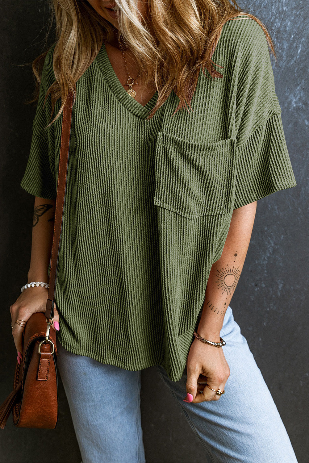 Jungle Green Corded V Neck Chest Pocket Loose T-shirt