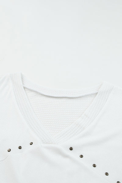 White Contrast Knit Splicing V Neck Studded Blouse