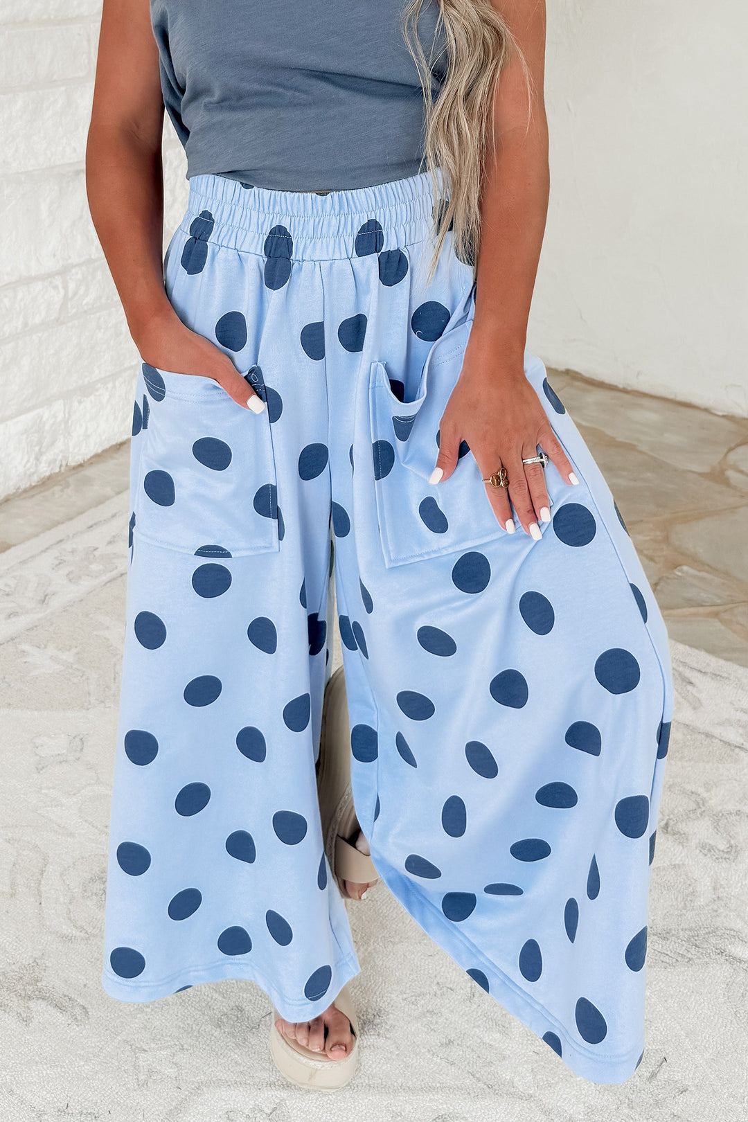 Beige Polka Dot Wide Leg Elastic Waist Casual Pants
