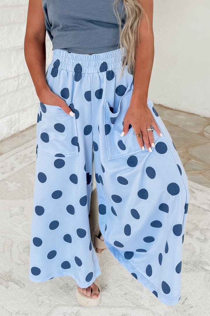 Beige Polka Dot Wide Leg Elastic Waist Casual Pants