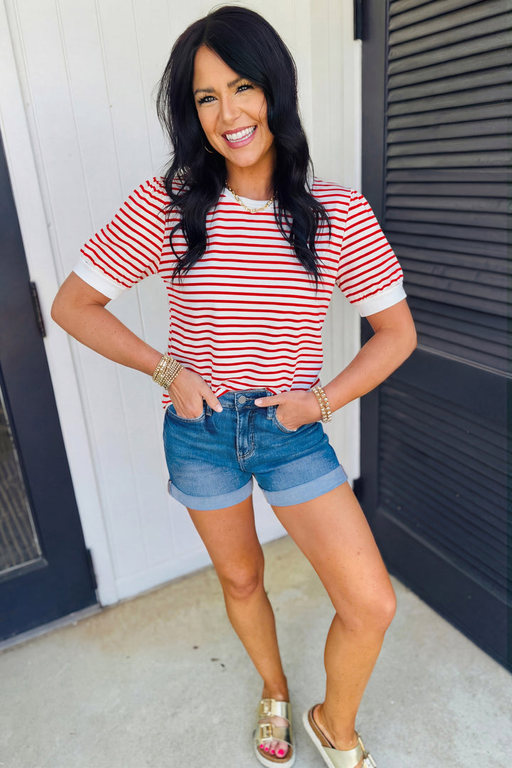 Red Stripe Contrast Trim Round Neck Short Puff Sleeve T Shirt