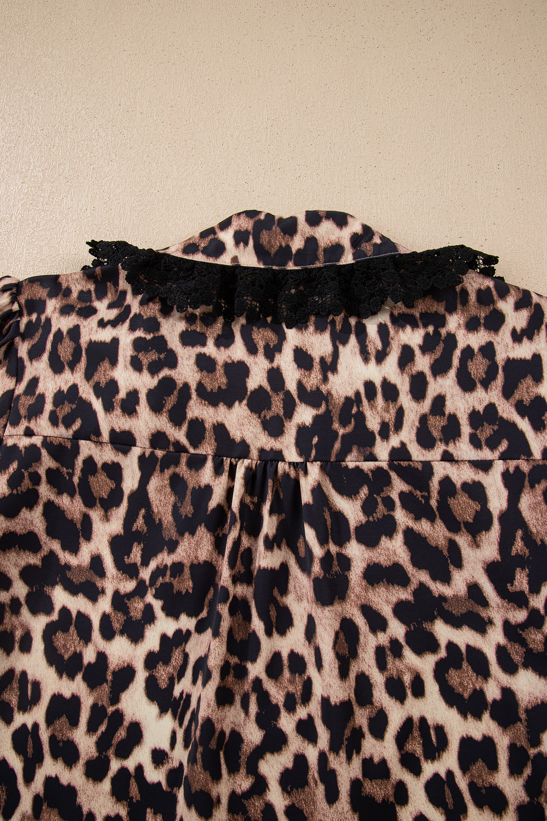 Brown Leopard Print Button Down Lace Trim Short Sleeve Shirt