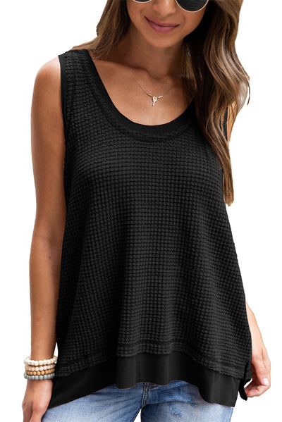 Black Scoop Neck Waffle Knit Flowy Vest