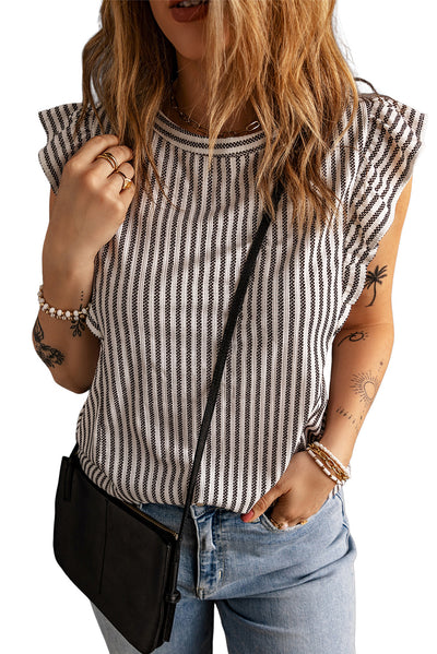 Gray Crew Neck Ruffled Striped Tank Top