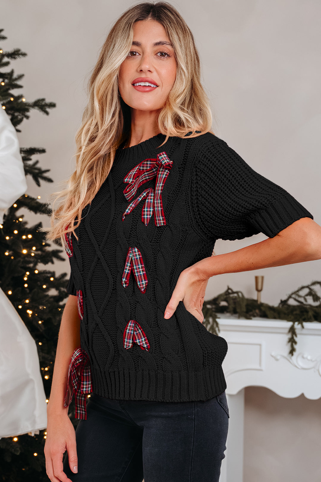 Black Plaid Lace up Detail Christmas Holiday Puff Short Sleeve Sweater