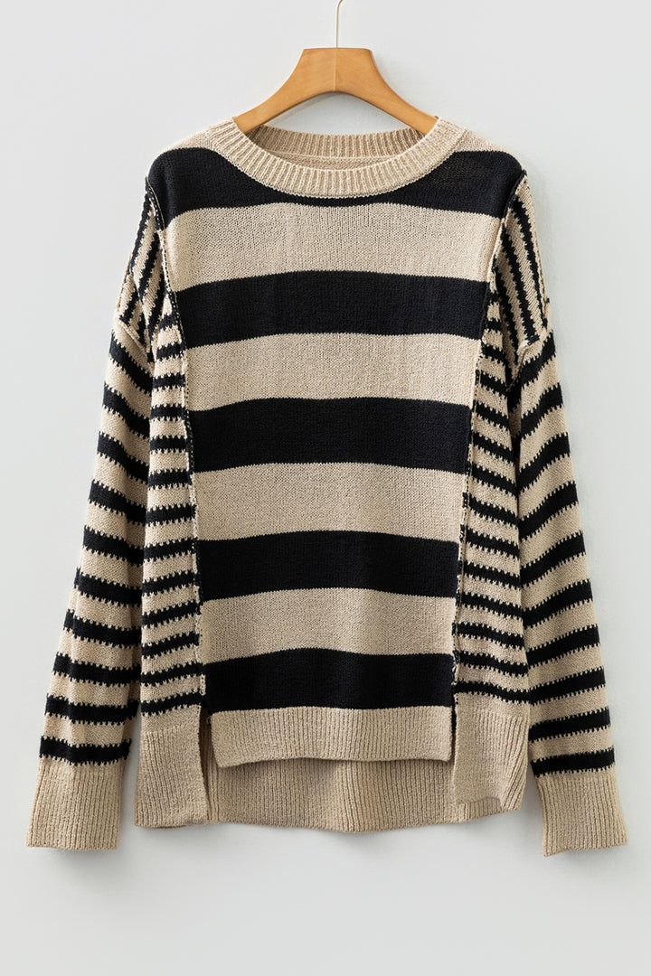 Brown Stripe Drop Shoulder Sleeve Patchwork Baggy Sweater