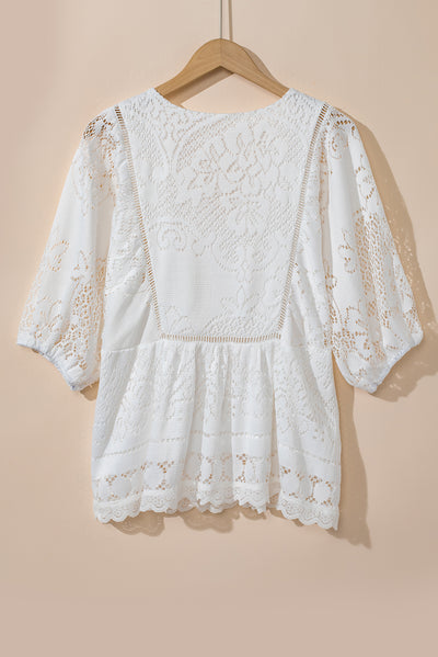 White Lace Crochet Hollowed Scallop Hem V Neck Blouse