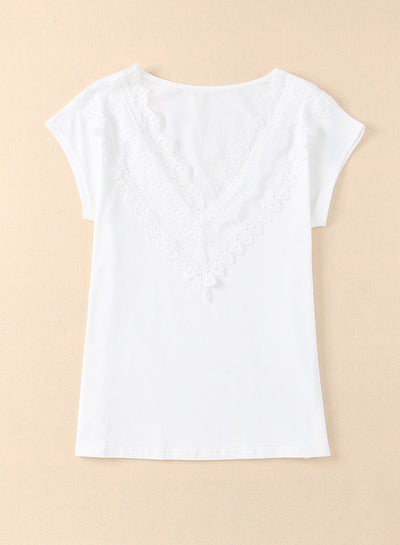 White Eyelash Lace Trim V Neck Top