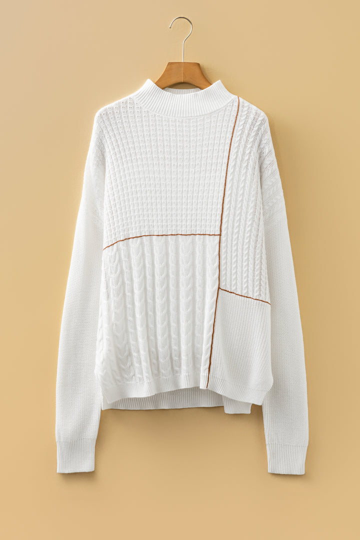 White Mix Texture Patchwork Contrast Stitch Mock Neck Sweater