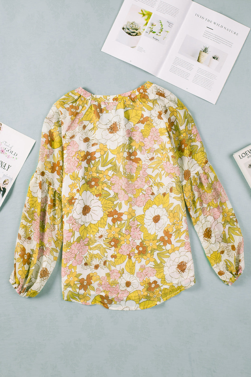 Yellow Floral Print V Neck Long Puff Sleeve Top