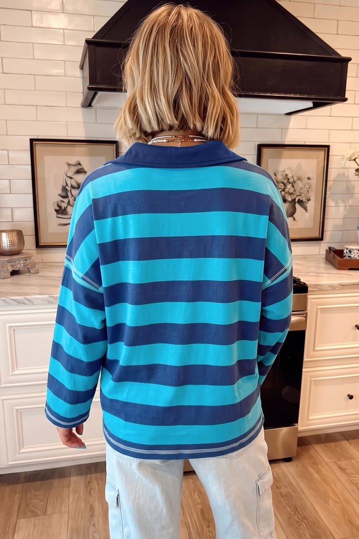 Blue Stripe Contrast Polo Collar Bracelet Sleeve Loose Top