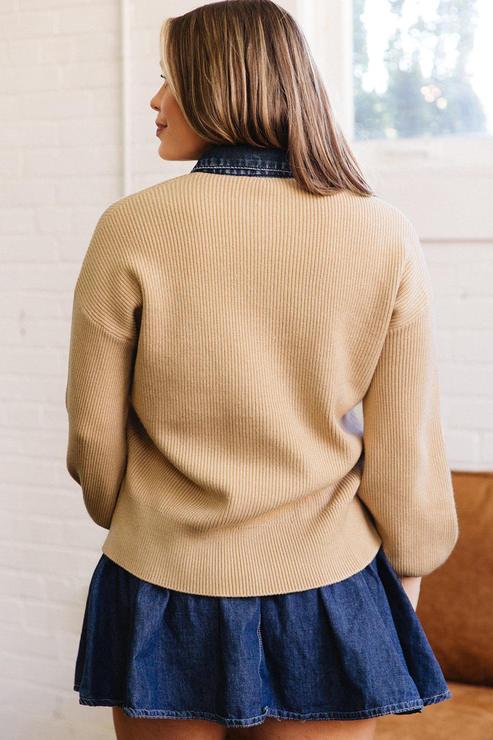 Parchment Drop Shoulder Placket Paneling Shirt Collar Long Sleeve Cardigan