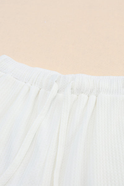 White Waffle Knit Lace-up High Waist Wide Leg Casual Shorts