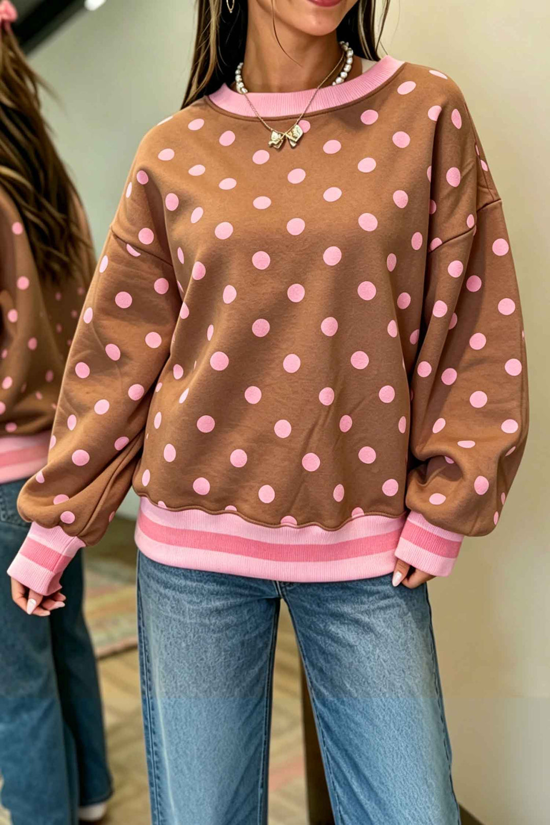 Pink Polka Dot Colorblock Round Neck Pullover Sweatshirt