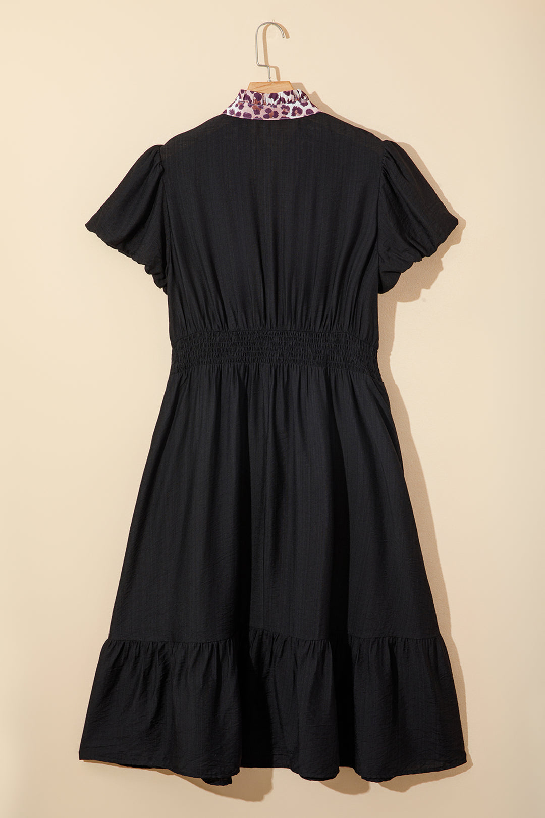 Black Leopard V Neck Patchwork Smocked Waist Plus Size Ruffled Dress