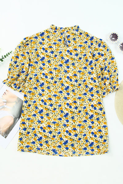 Yellow Boho Floral Ruffle Short Sleeve Frill Mock Neck Blouse