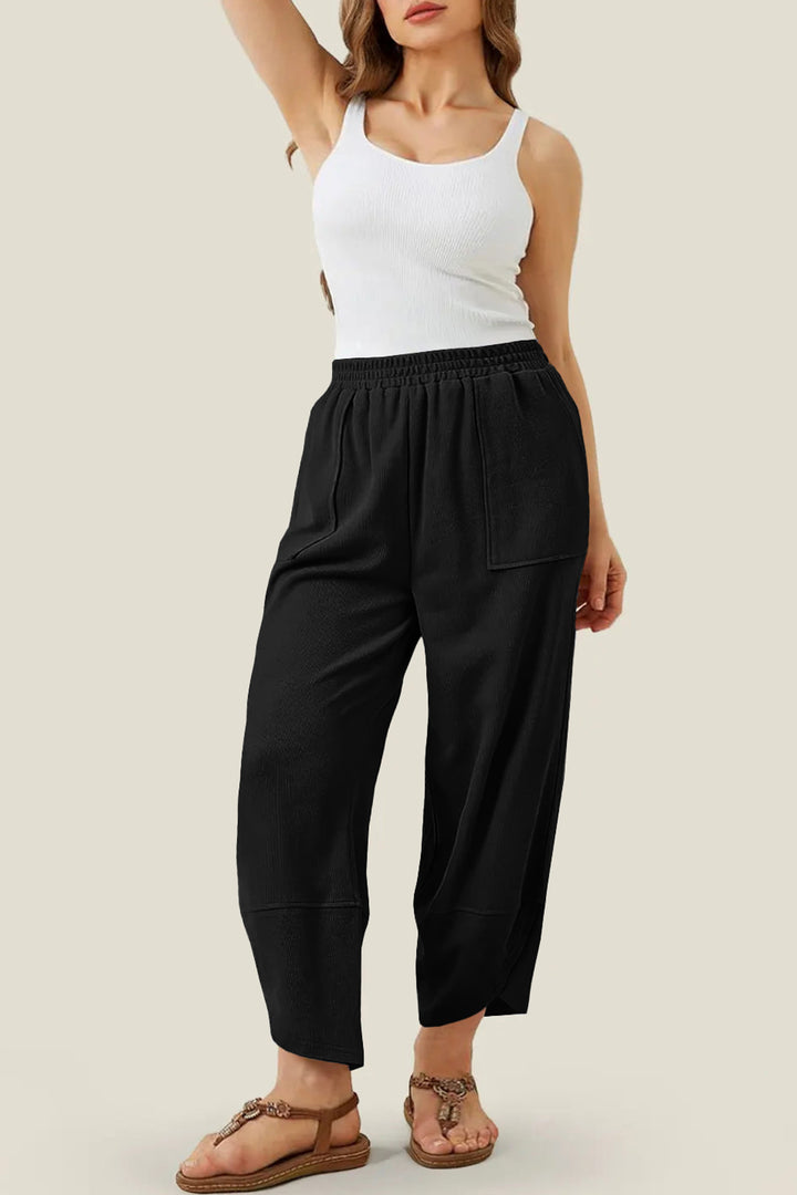 Black Plus Size Elastic Waist Asymmetrical Hem Loose Capris Pants