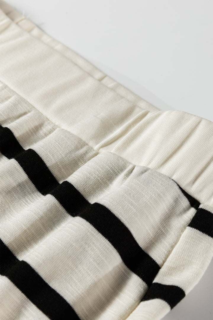 Black Stripe Ribbed Trim Button Cuff Long Sleeve Top Midi Skirt 2pcs Outfit