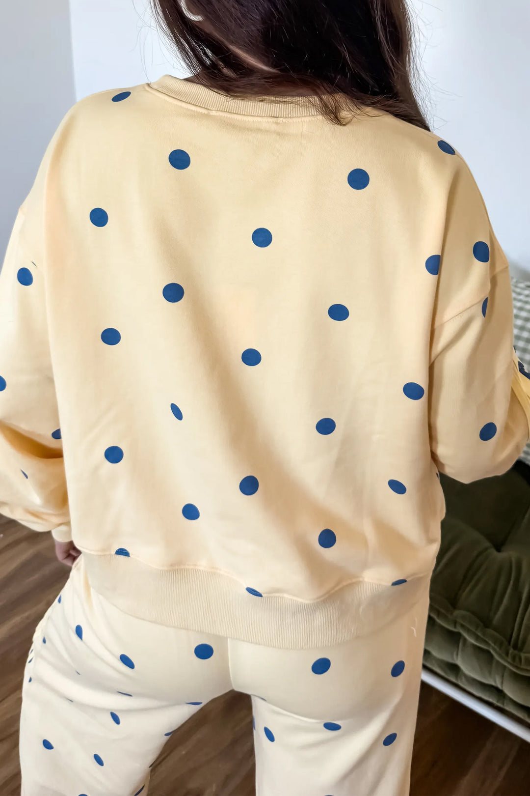 Yellow Polka Dot Long Sleeve Top Patchwork Detail Loose Pant Set