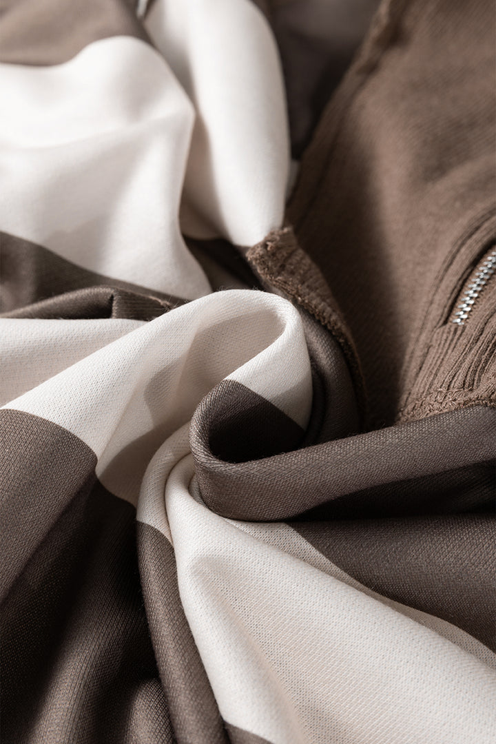 Brown Striped Color Block Zip Collar 3/4 Sleeve Oversize Sweatshirt