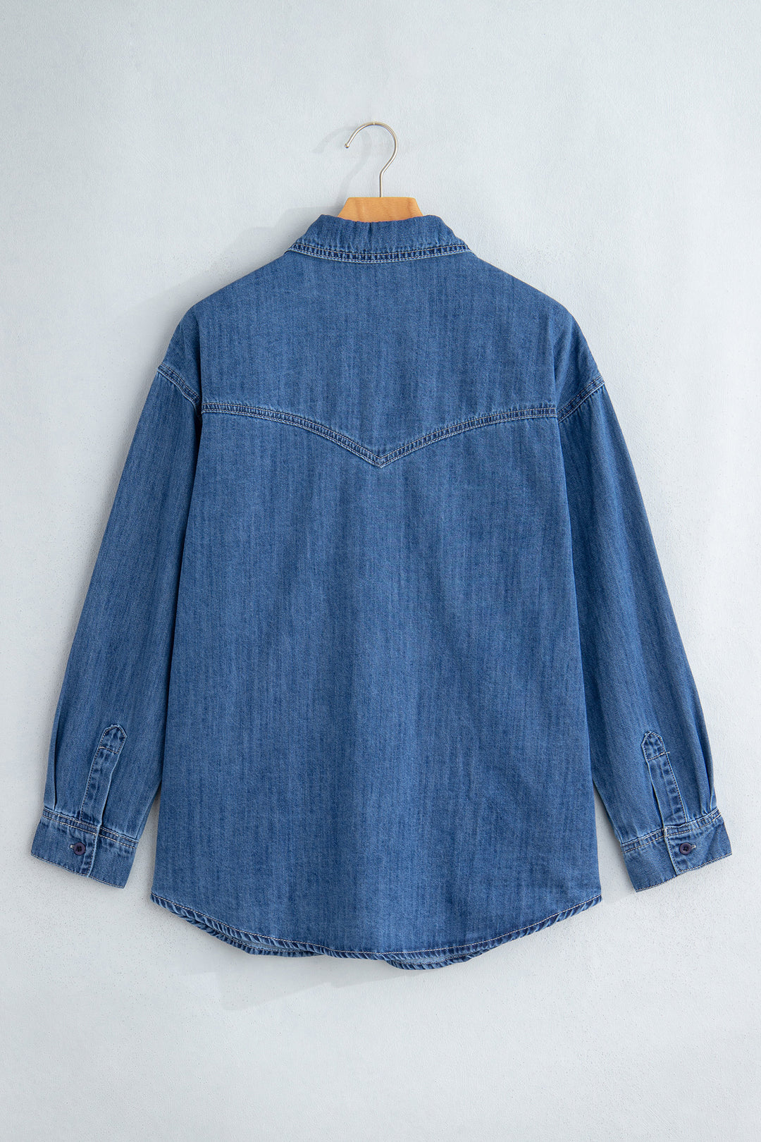Sail Blue Western Patch Pockets Tunic Length Long Sleeve Denim Shirt
