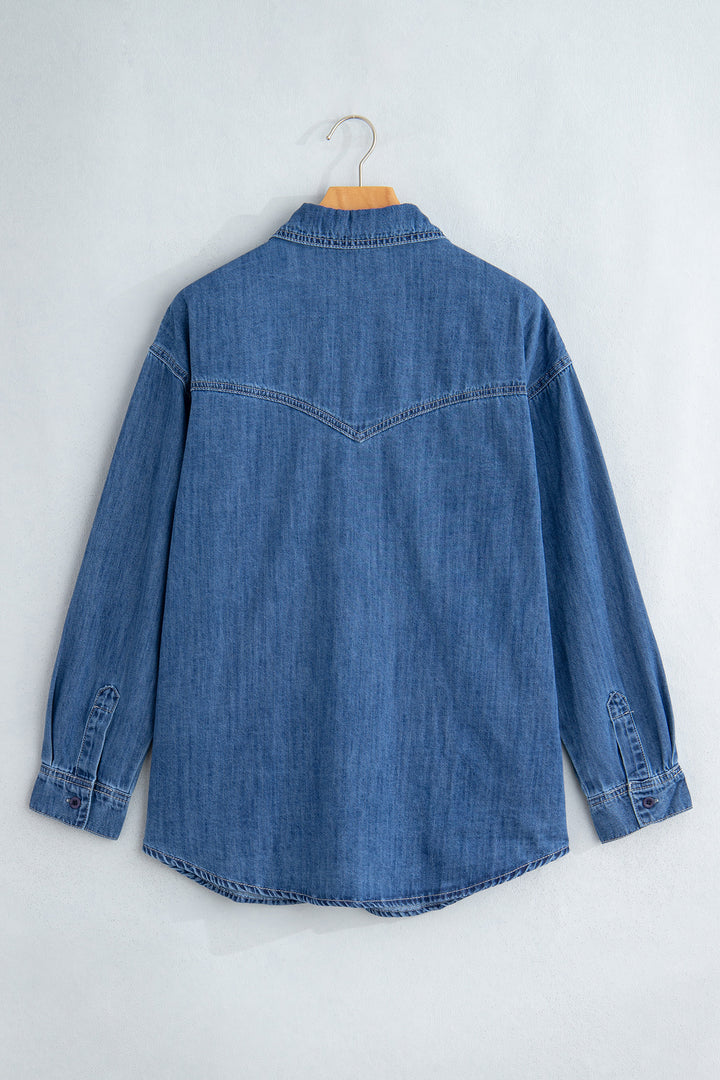 Sail Blue Western Patch Pockets Tunic Length Long Sleeve Denim Shirt