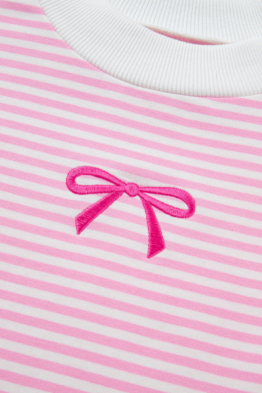 Pink Stripe Bow Embroidered Bow Contrast High Neck Baggy Sweatshirt