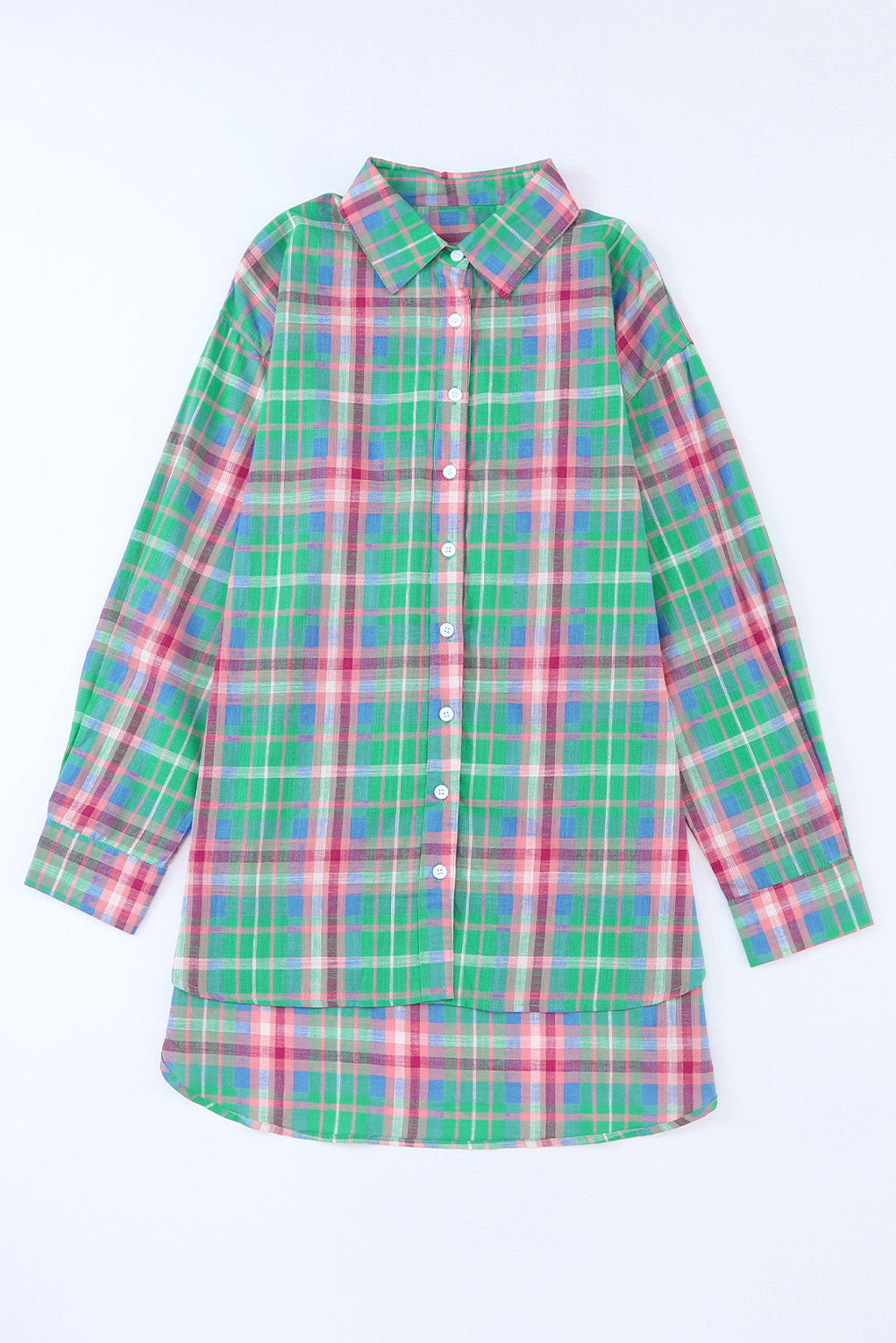 Green Plaid Long Sleeve Button Down Split Shirt