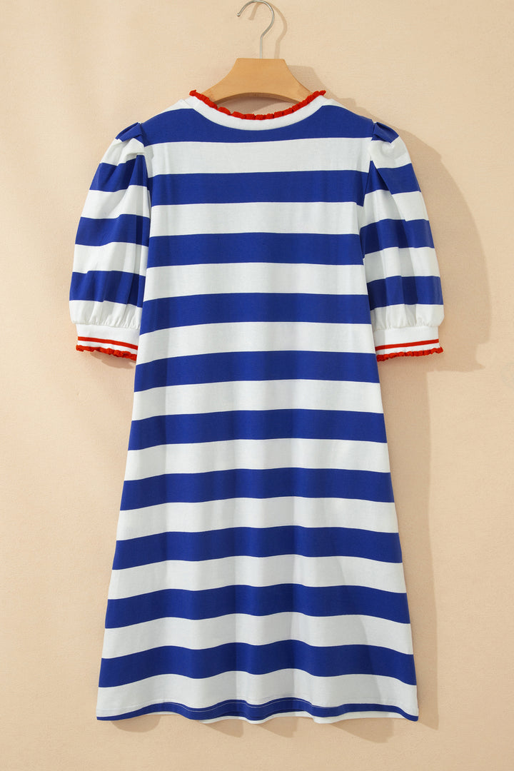 Blue Stripe Contrast Trim Round Neck Short Puff Sleeve Shift Mini Dress