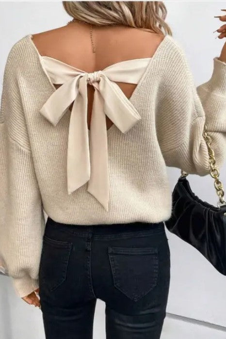 Back Tie Detail V-Neck Sweater