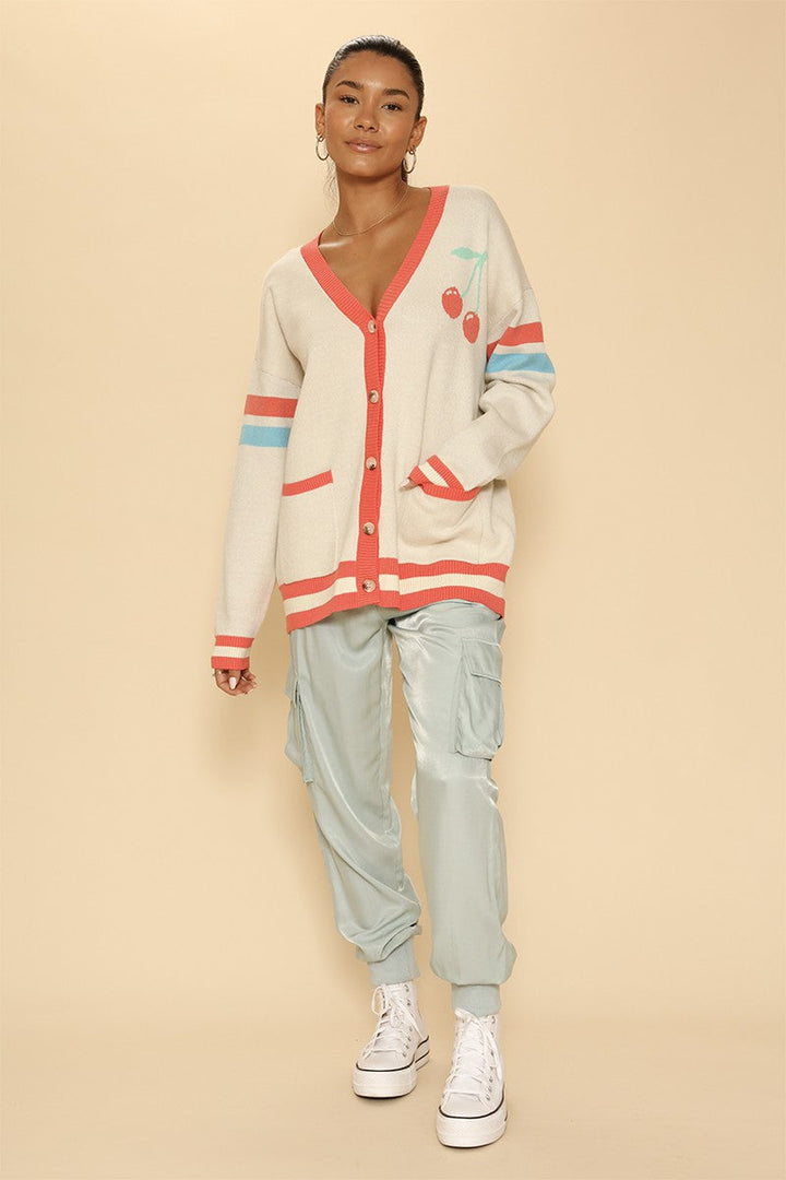 Oversized cherry varsity cardigan