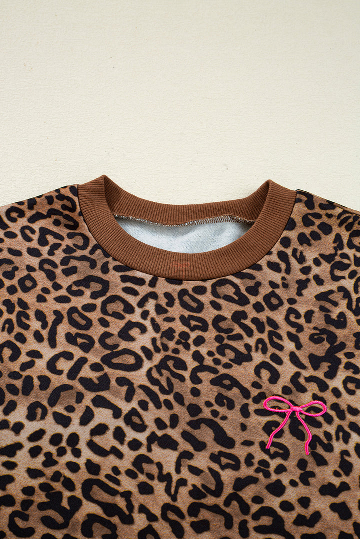 Coffee Leopard Print Contrast Trim Long Sleeve Top and Pants Set