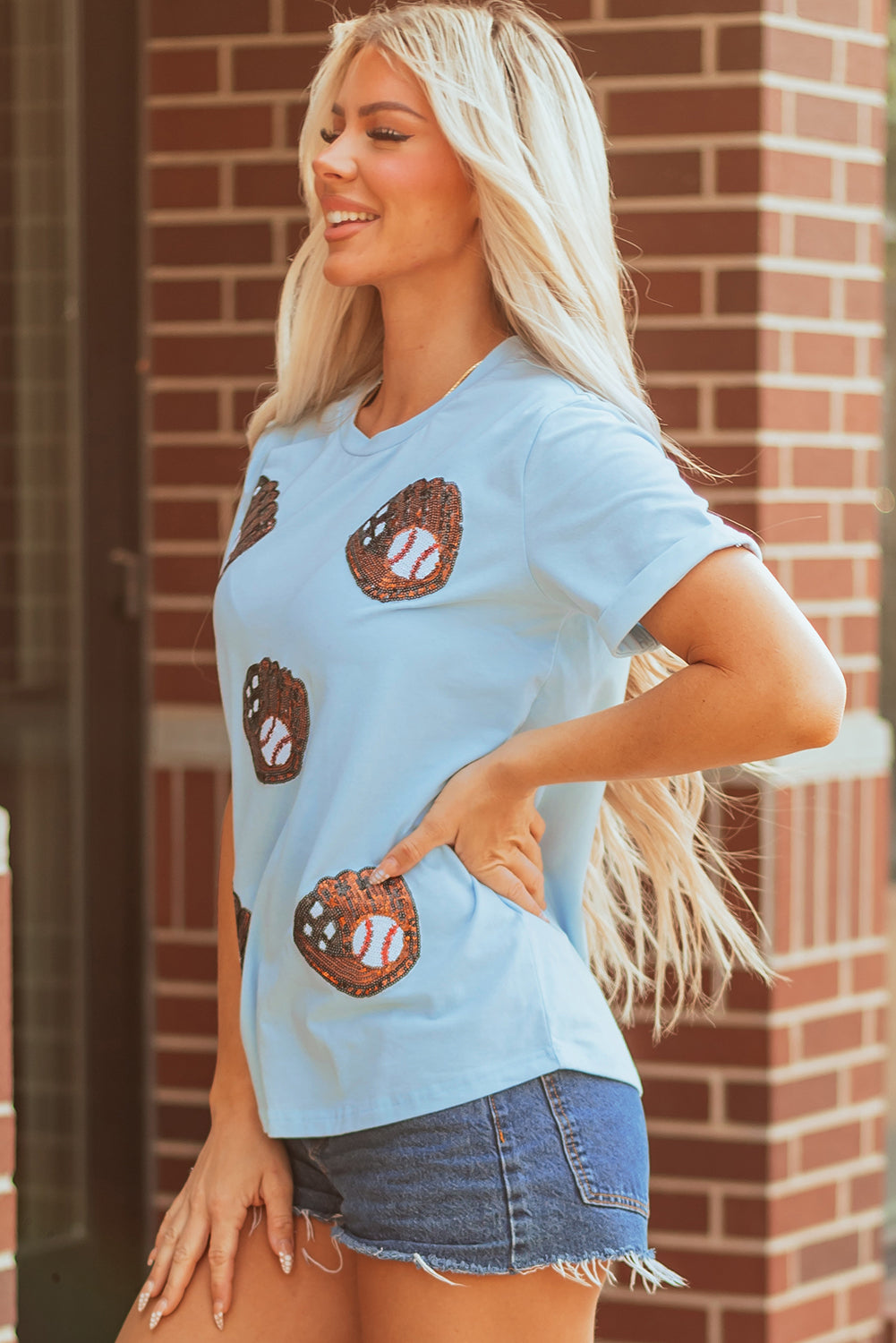 Light Blue Gopher Ball Sequin Patched Casual T Shirt