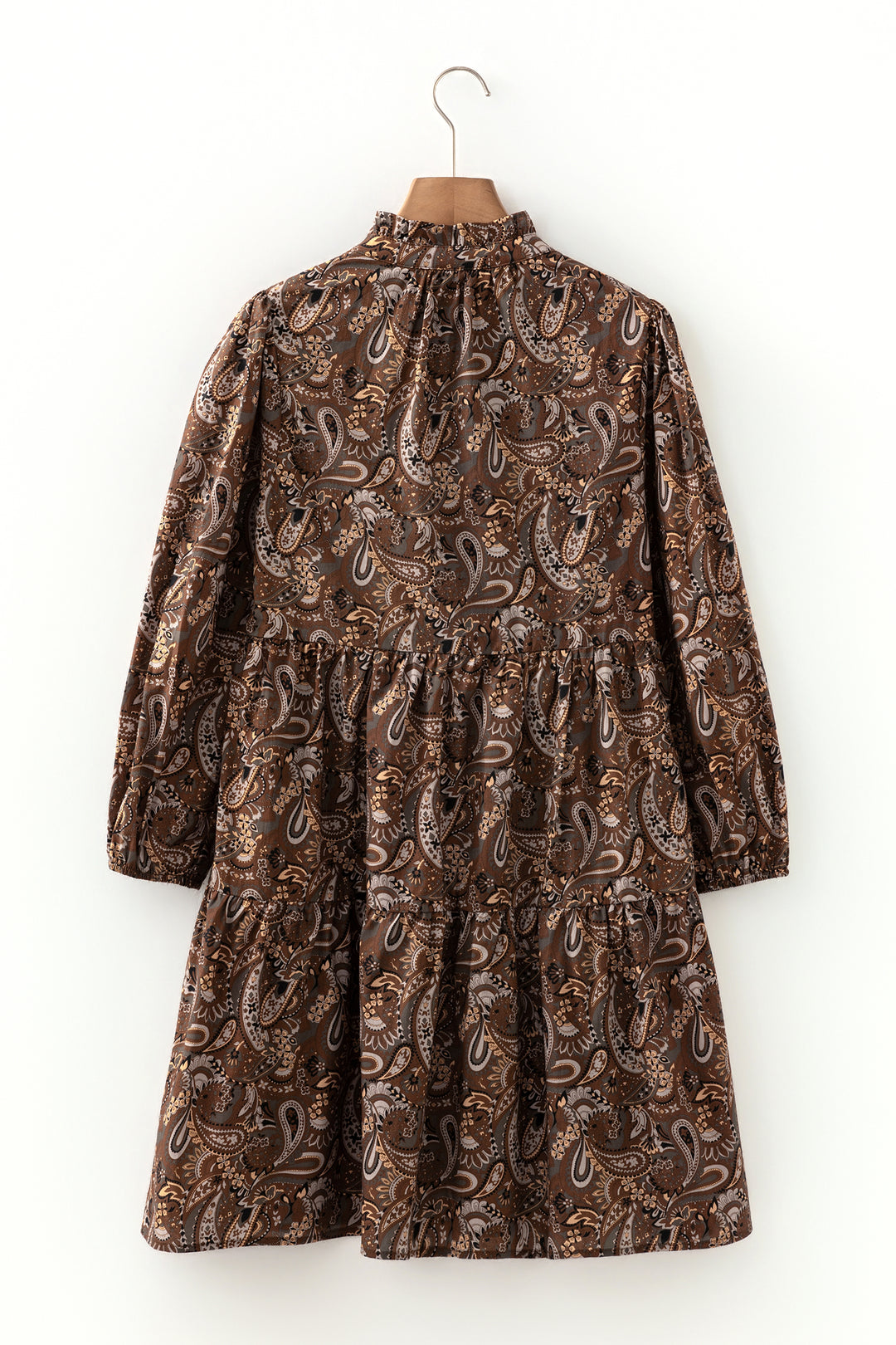 Brown Paisley Print Half Buttons Puff Sleeve Flowy Short Dress