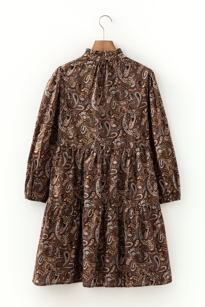 Brown Paisley Print Half Buttons Puff Sleeve Flowy Short Dress