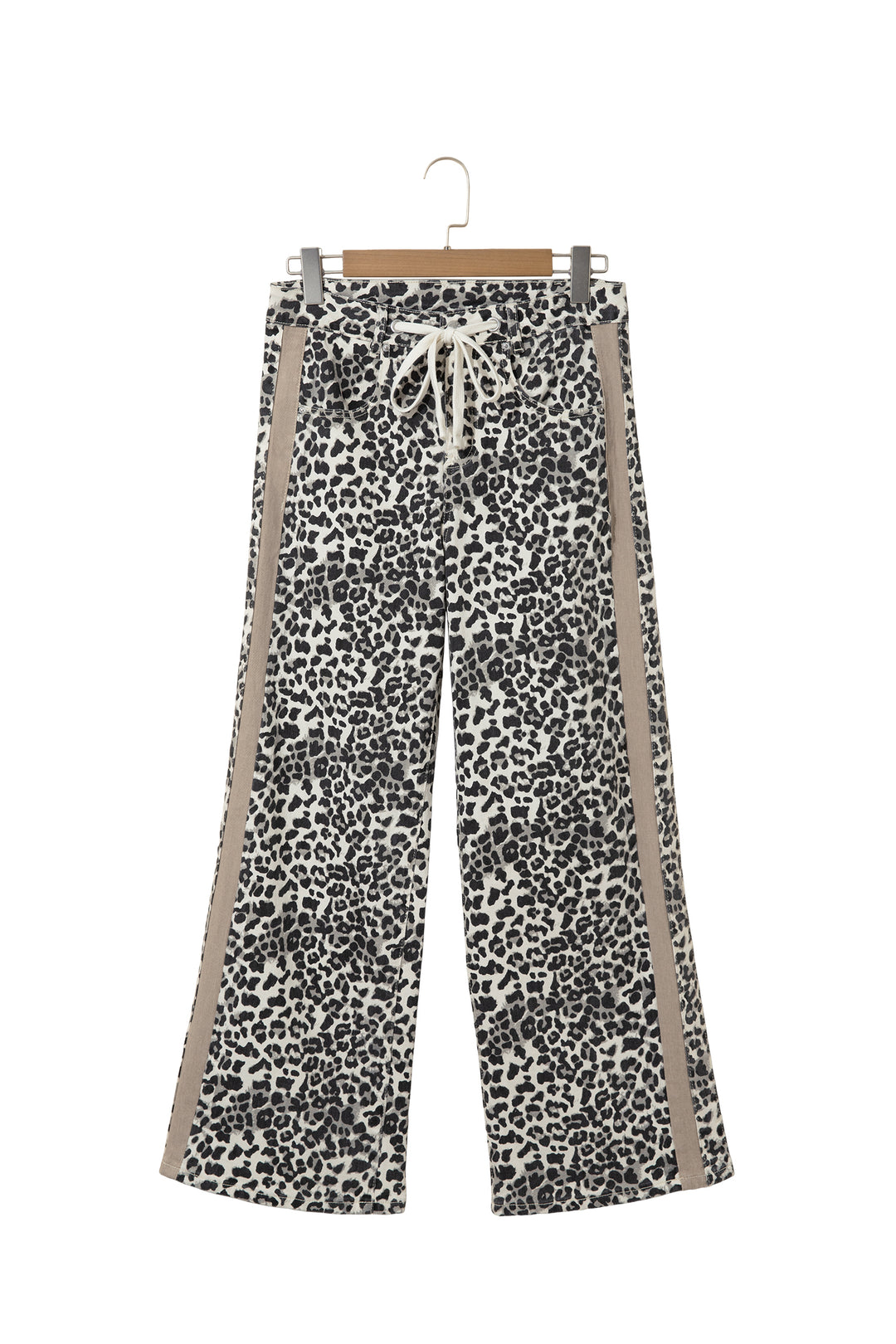 Khaki Leopard Print Drawstring Waist Straight Leg Jeans