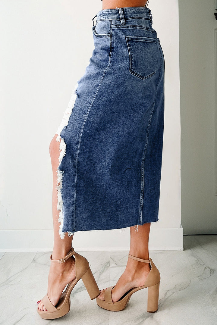 Sail Blue Dearlove Irregular Distressed Bottom Denim Midi Skirt