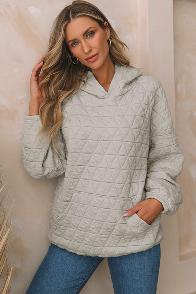 Light Grey Solid Color Quilted Kangaroo Pocket Hoodie