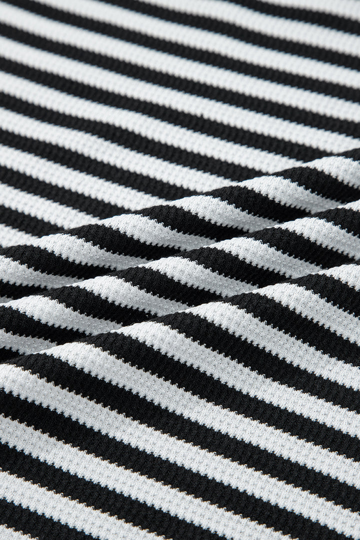 Black Stripe Thermal Knit Drop Shoulder Casual Top
