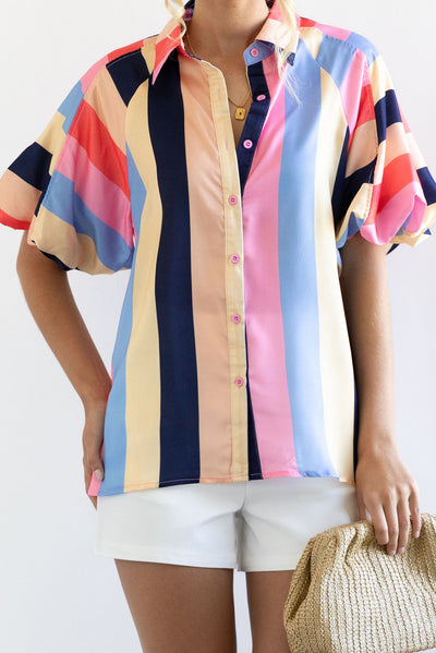 Multicolor Color Block Striped Puff Sleeve Buttoned Shirt